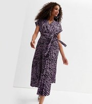 New Look Purple Zebra Print Satin V Neck Pleated Midi Dress